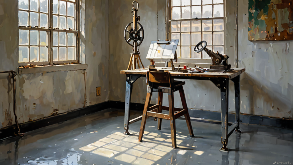 Oil painting of a brass lever mounted in a testing rig beside an inspection clipboard and an empty engineer's stool