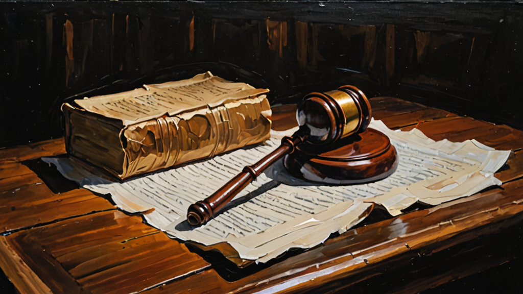 Oil painting of a judge's gavel beside a folded legal document on a dark wooden table under a single spotlight