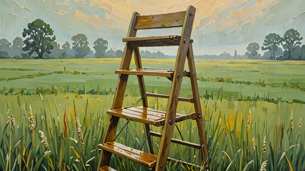Painting of a tall empty wooden referee chair with a long ladder standing alone in a foggy grass field at dawn