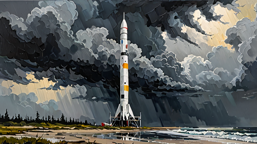 Oil painting of a white rocket standing unfired on its launch pad beneath heavy grey storm clouds