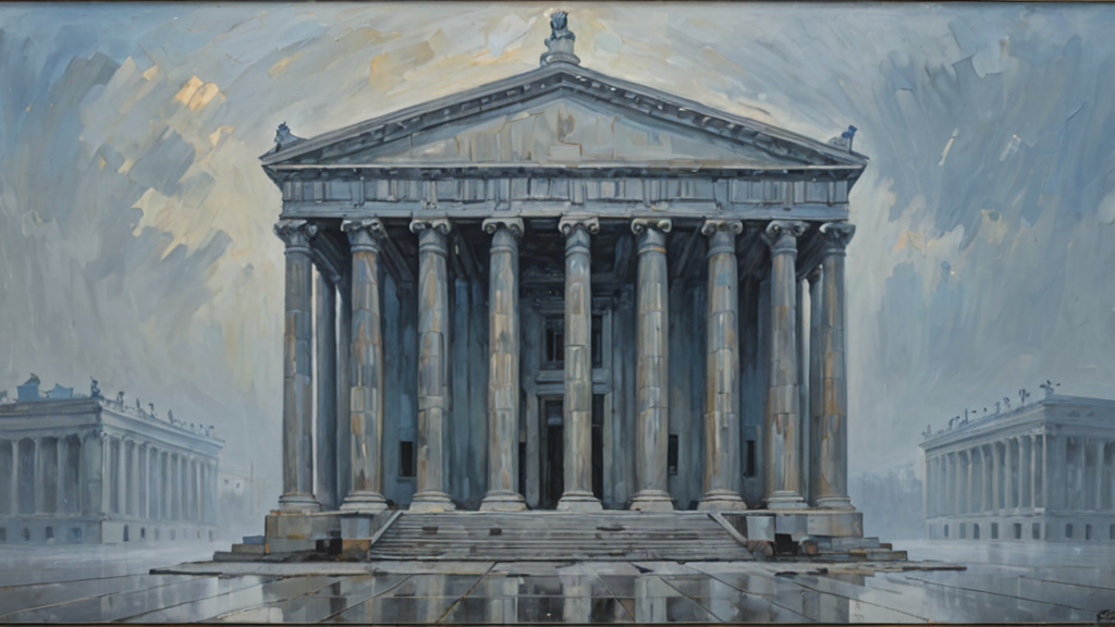 A single empty neoclassical government building standing alone in a vast, foggy void.