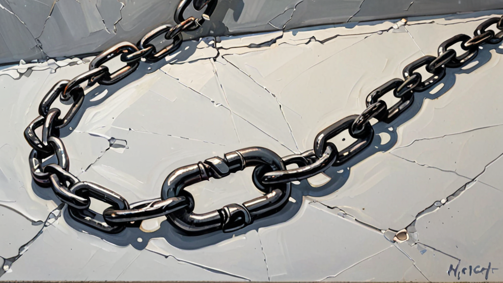 A heavy iron chain with a broken link lying on a polished marble floor.