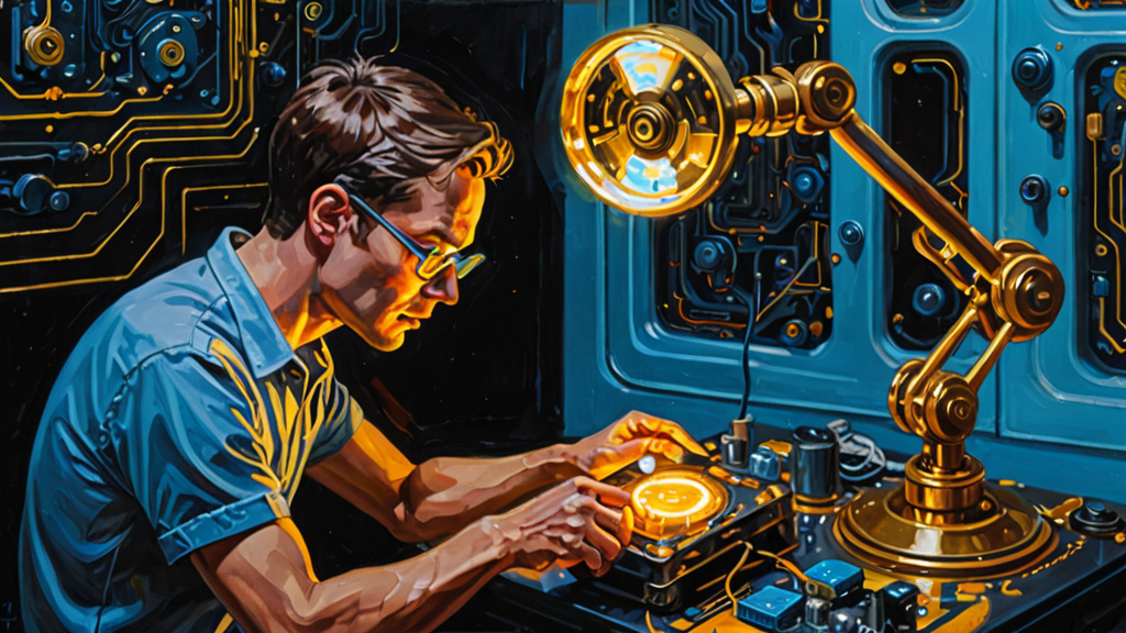 A magnifying glass resting on a circuit board, with the glass lens being held up by a robotic arm.
