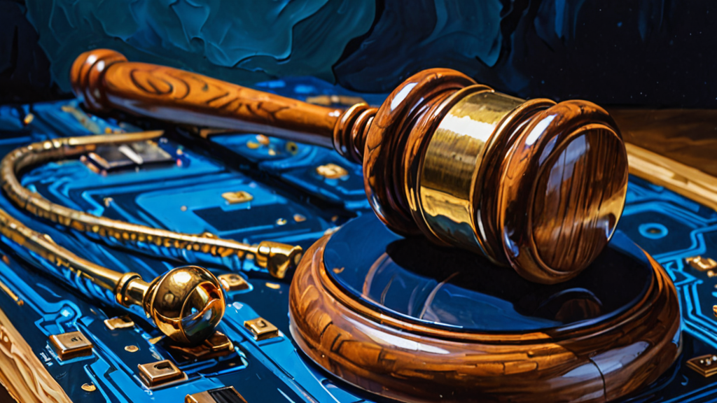 A heavy legal gavel resting on a glowing digital circuit board.