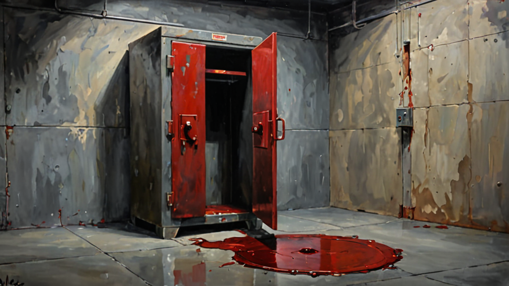 A heavy metal evidence locker with a closed door and a large red wax seal.