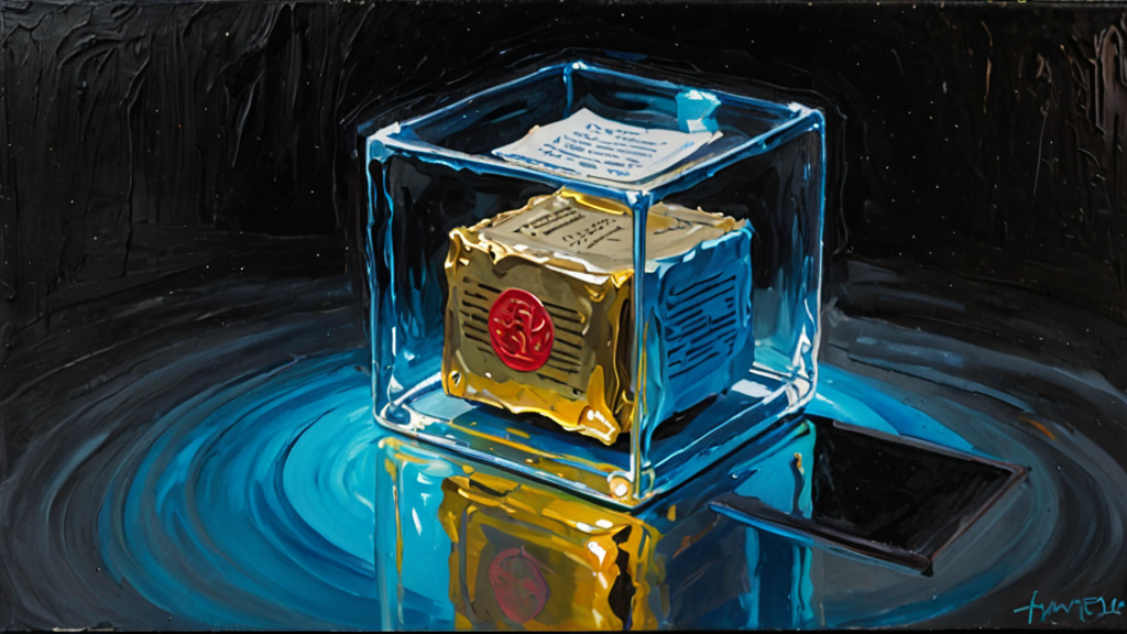 A translucent digital cube containing a detailed paper trail of documents and stamps.
