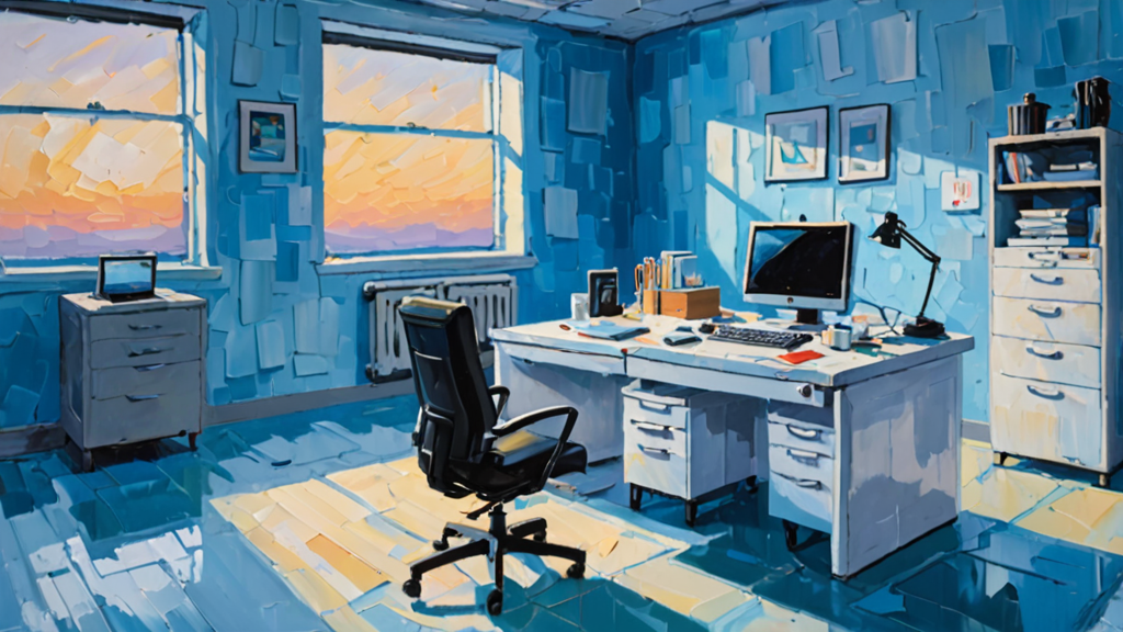 A single office desk with a security badge and a laptop in a sterile, high-tech laboratory setting.