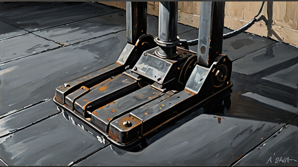 A heavy metal brake pedal pressed firmly into a dark industrial floor.