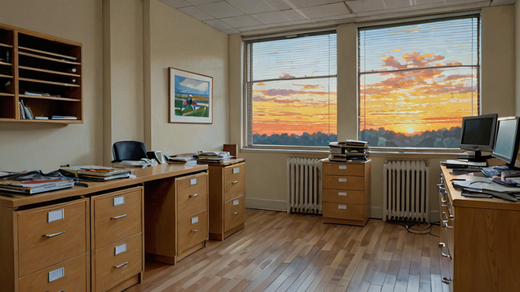 A high-jump bar assembled between filing cabinets in a quiet office, a floodlit stadium visible far away through the window