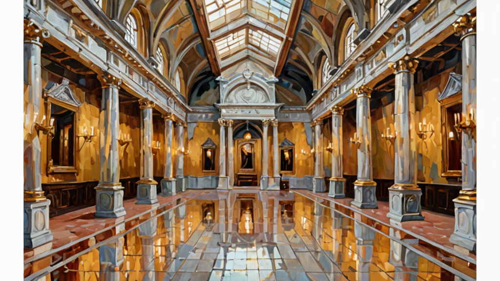 Oil painting of a grand mirror hall with columns and a polished reflective marble floor