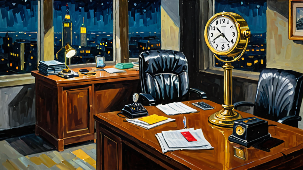 Oil painting of a night watchman's desk with a brass punch time clock, a green banker's lamp and papers, inside a dark office with city lights in the windows