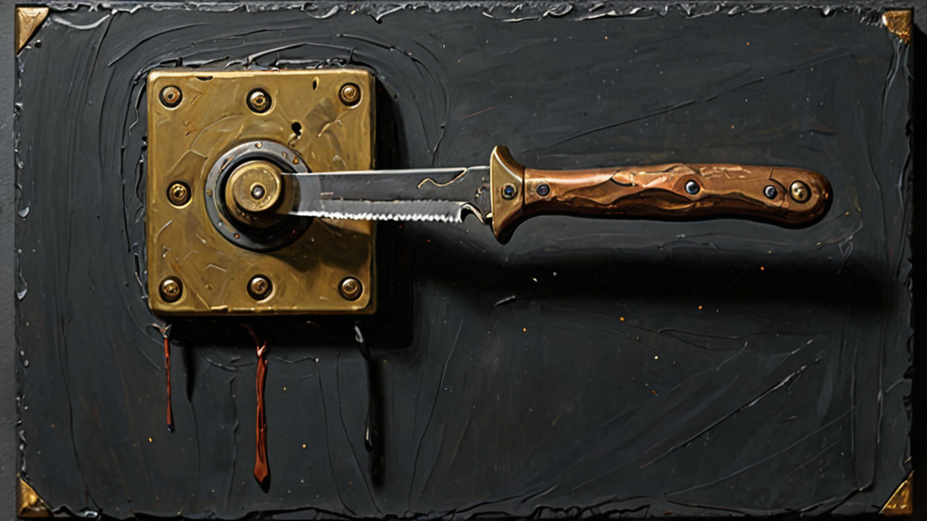 Oil painting of a large brass knife switch mounted on a pivot plate against a dark industrial background, a heavy lever waiting to be thrown