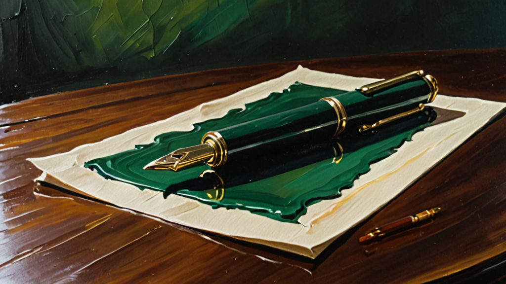 An oversized green fountain pen resting on an unsigned document, symbolizing AI governance written by the powerful