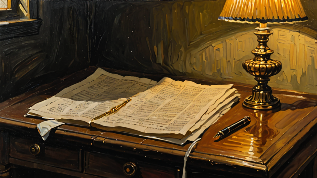 Oil painting of a long printed bill covered in rows of line items resting on a dark desk beside a brass fountain pen.