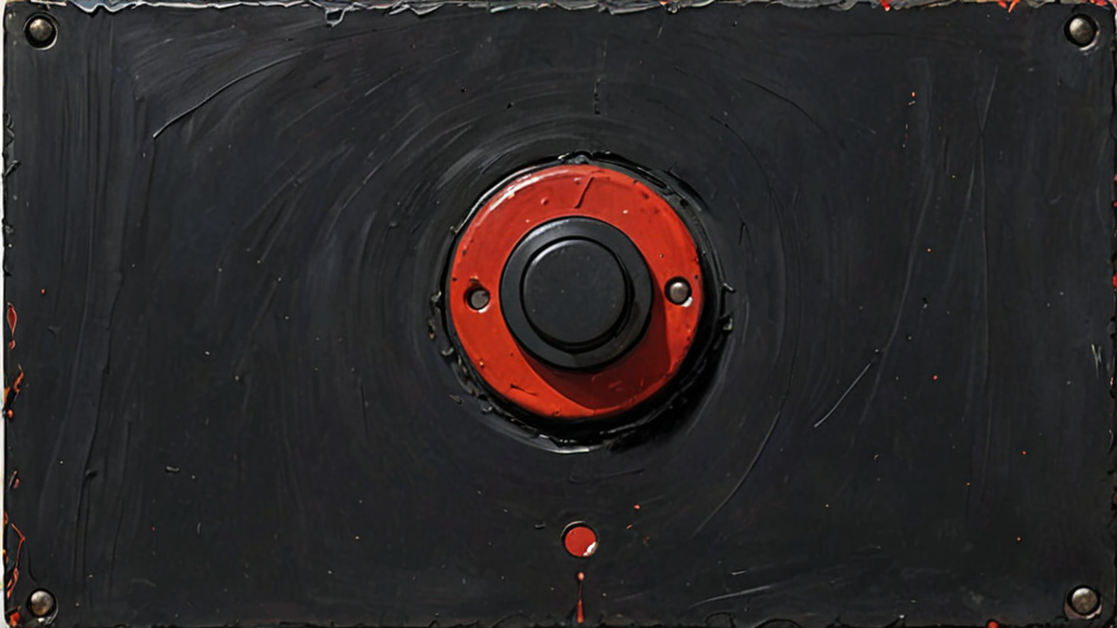 A single oversized red emergency stop button with a black collar, centered on a dark riveted steel control panel, oil painting