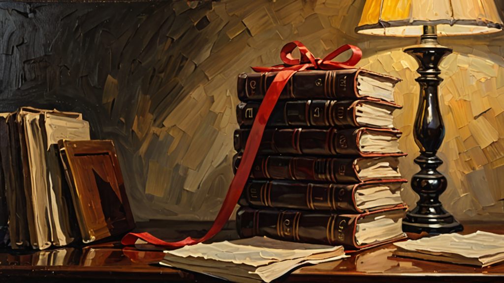 Oil painting banner: a towering stack of bound documents tied with a red ribbon seal on a desk under warm lamplight