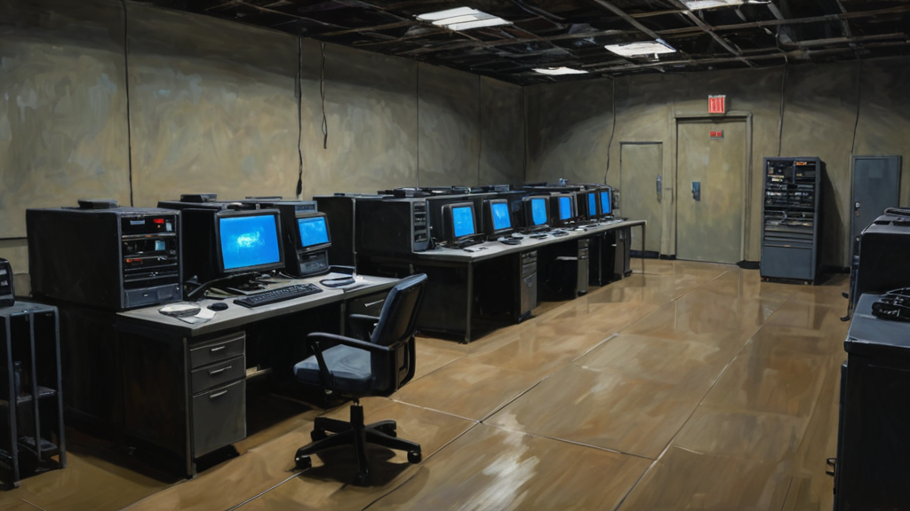 Oil painting of an empty evaluator desk with an ID badge on a lanyard, installed alone in a vast datacenter hall between rows of dark server racks