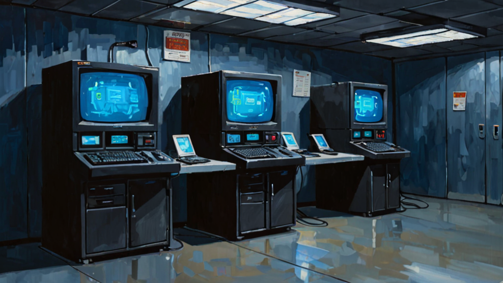 Three glowing computer terminals in a dim retro control room, rendered as an oil painting