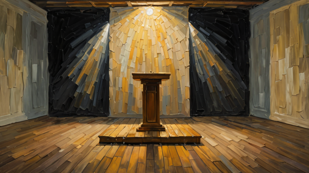 A single wooden podium standing alone in a vast, empty hall under a spotlight.