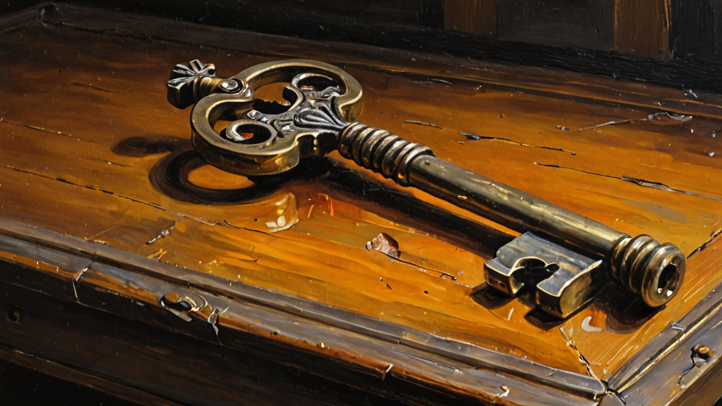 An antique brass skeleton key resting alone on a dark wooden table in a painterly oil still life