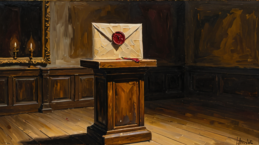 Oil painting of a wax-sealed envelope resting on a wooden auction podium in an empty candlelit hall