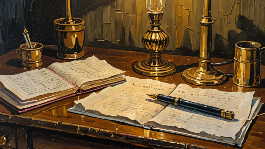 A long paper invoice with rows of faded line items on a dark wooden desk beside a brass fountain pen