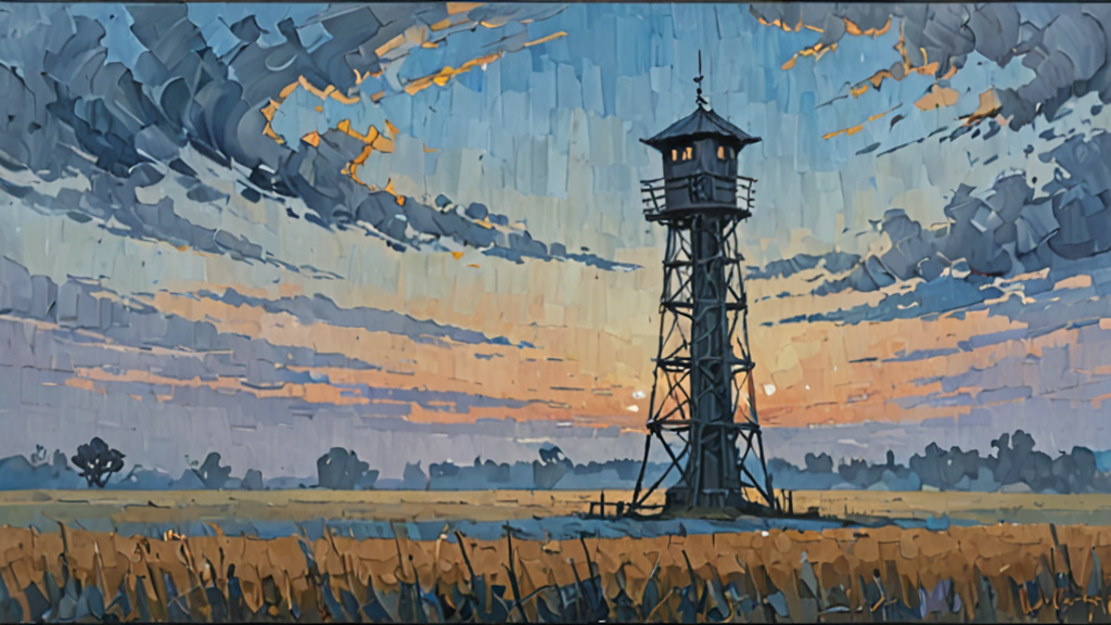 A tall wooden watchtower standing unoccupied in a misty field at dusk, painted in thick impasto brushwork