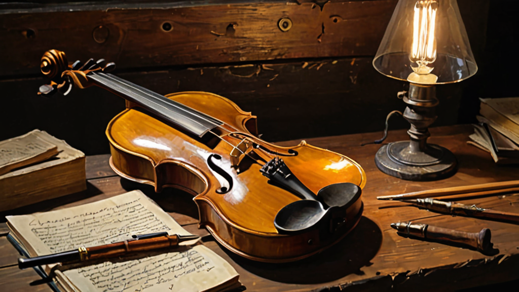 A finished acoustic violin with amber varnish lies on a luthier's workbench beside an open notebook of densely handwritten pages, painted in warm impasto oils: everyone hears the violin, and only the maker holds the notebook of how it was built.