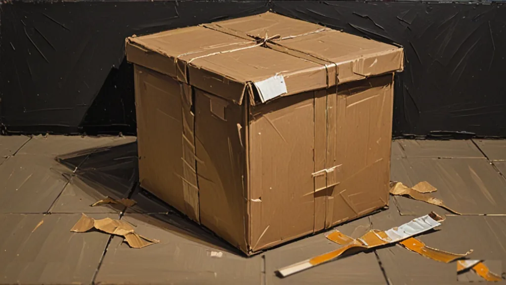 A sealed cardboard packing box on a dark floor, painted in thick impasto oil strokes