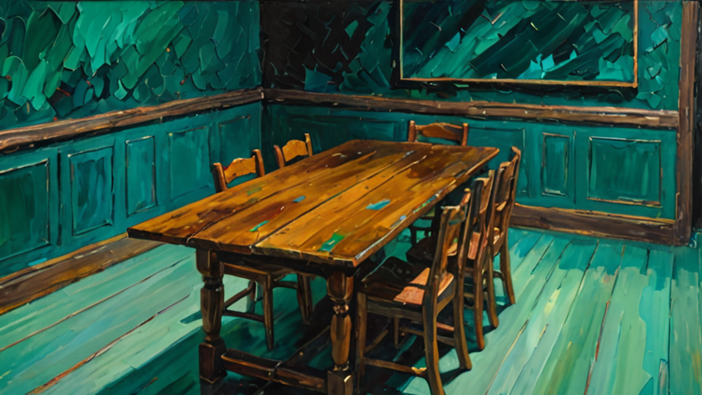 Empty wooden chairs standing around a long dark timber committee table in a teal-walled formal hearing room, painted in thick impasto brushwork and moody light