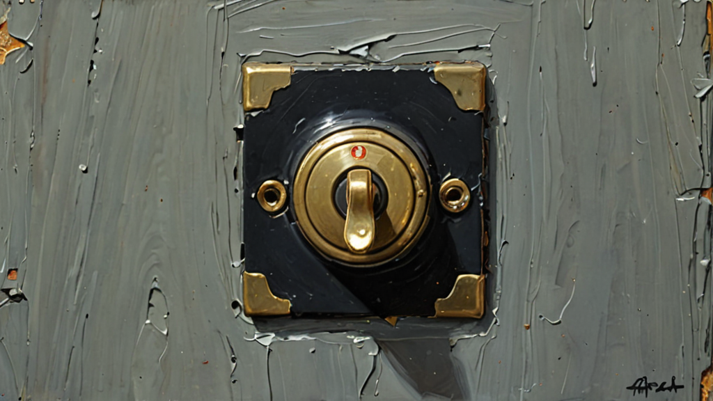An oversized brass toggle switch with a black collar on a dark riveted steel panel, thrown to one position, painted in an expressionist oil style.